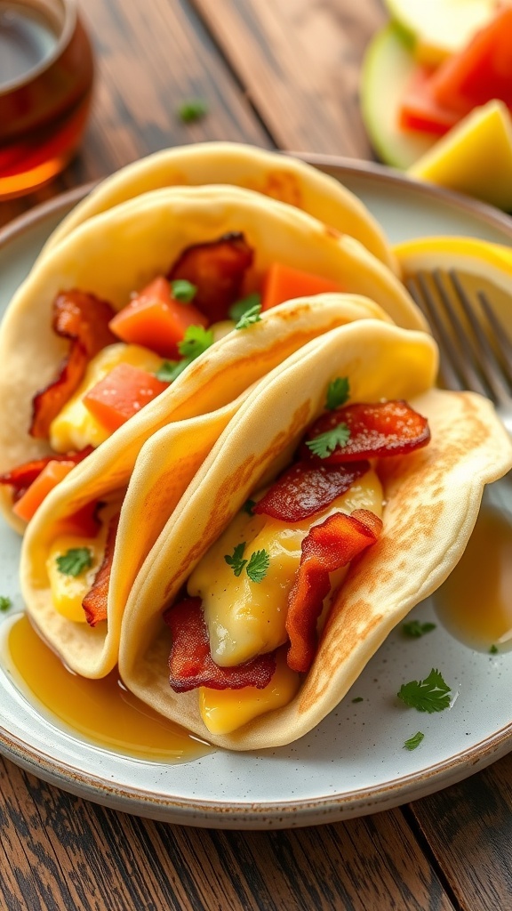 Fluffy pancake tacos filled with scrambled eggs, bacon, and cheese on a rustic table with fresh fruit.